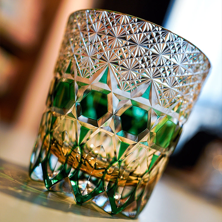 Edo Kiriko Handcrafted Emerald Fluorite Whisky Glass With Wooden Box