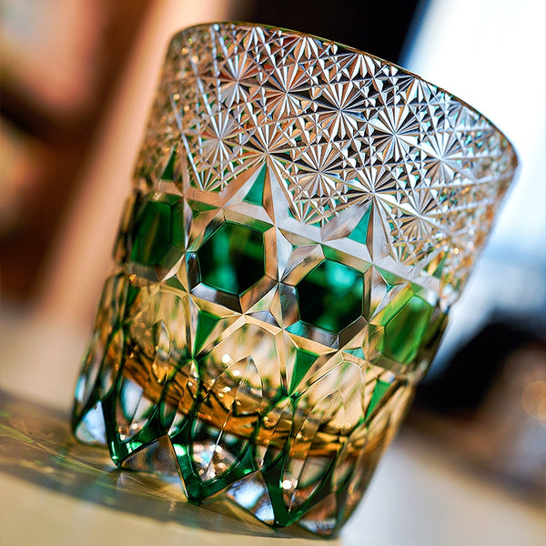 Edo Kiriko Handcrafted Emerald Fluorite Whiskey Glass With Wooden Box