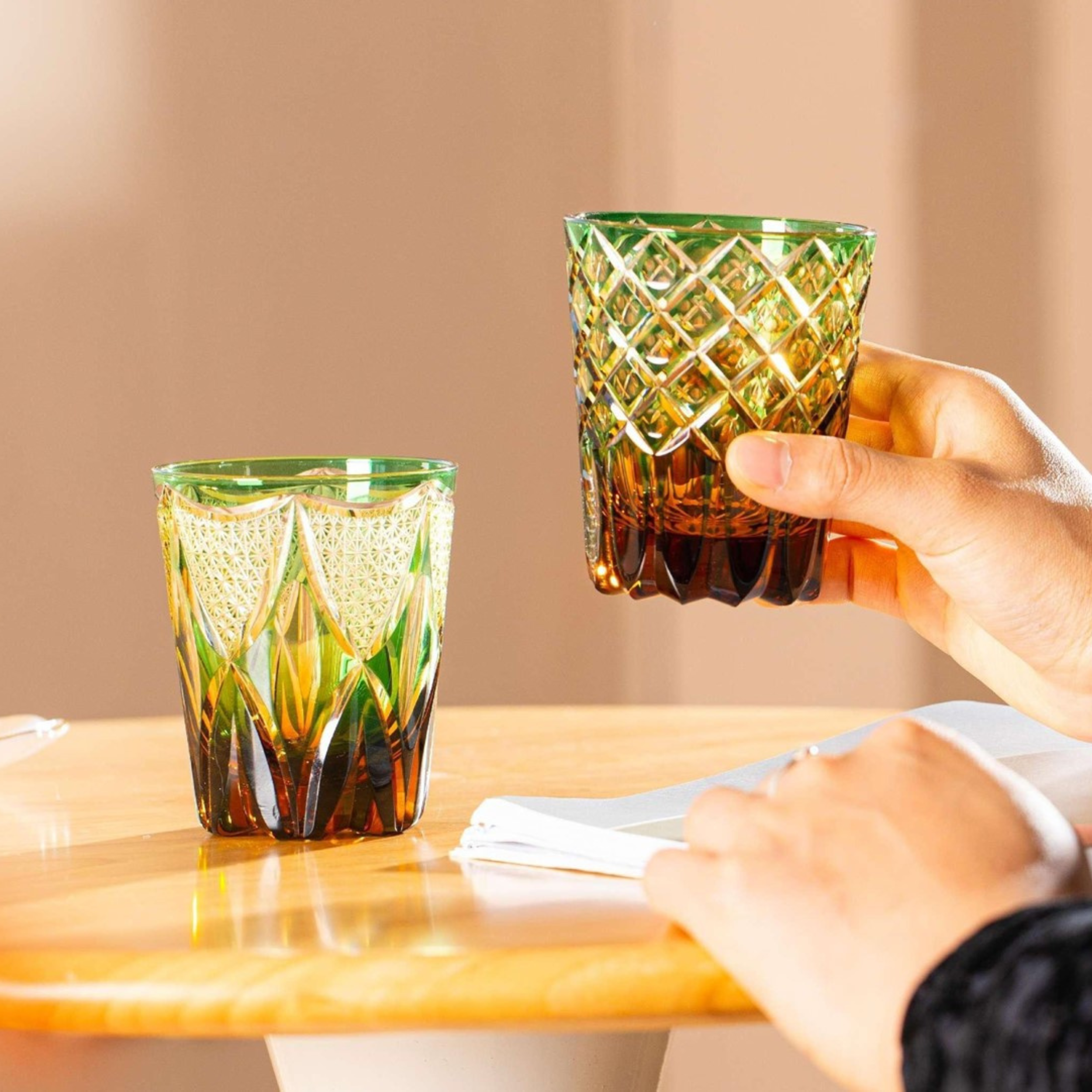 Edo Kiriko Handcrafted Ryokusho Yugure Whisky Glass Collection