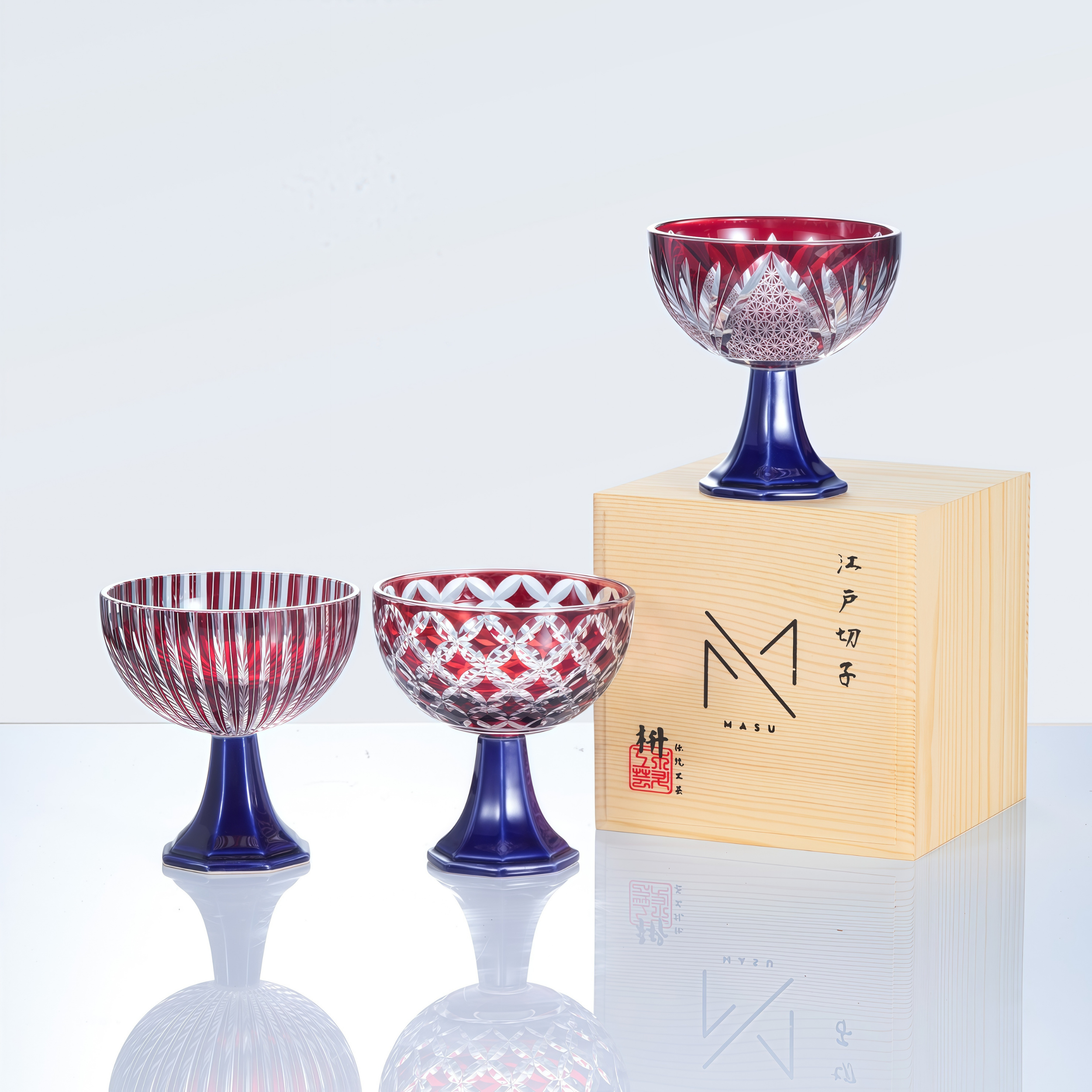 Edo Kiriko Handcrafted Takadai Komon Grand Sake Glass Collection