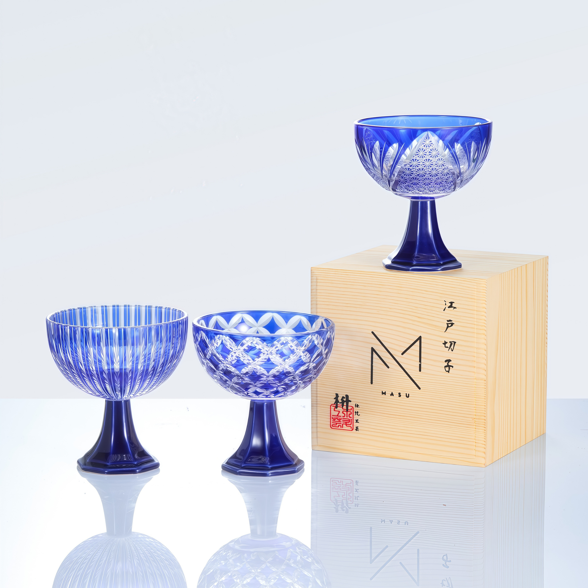 Edo Kiriko Handcrafted Takadai Komon Grand Sake Glass Collection