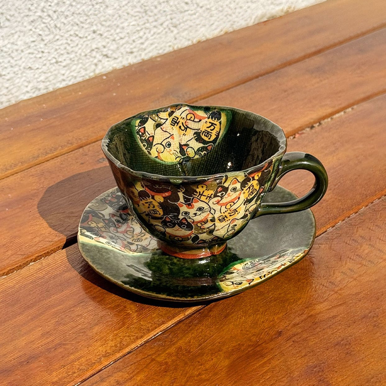 Mino Ware Handcrafted Oribe Fuku Neko Coffee Cup/Saucer Set