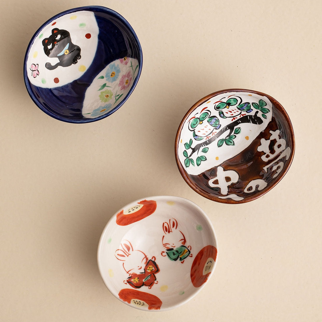 Ensemble de six bols Kobachi en céramique Ryochen Keshiki de Mino Ware avec boîte en bois