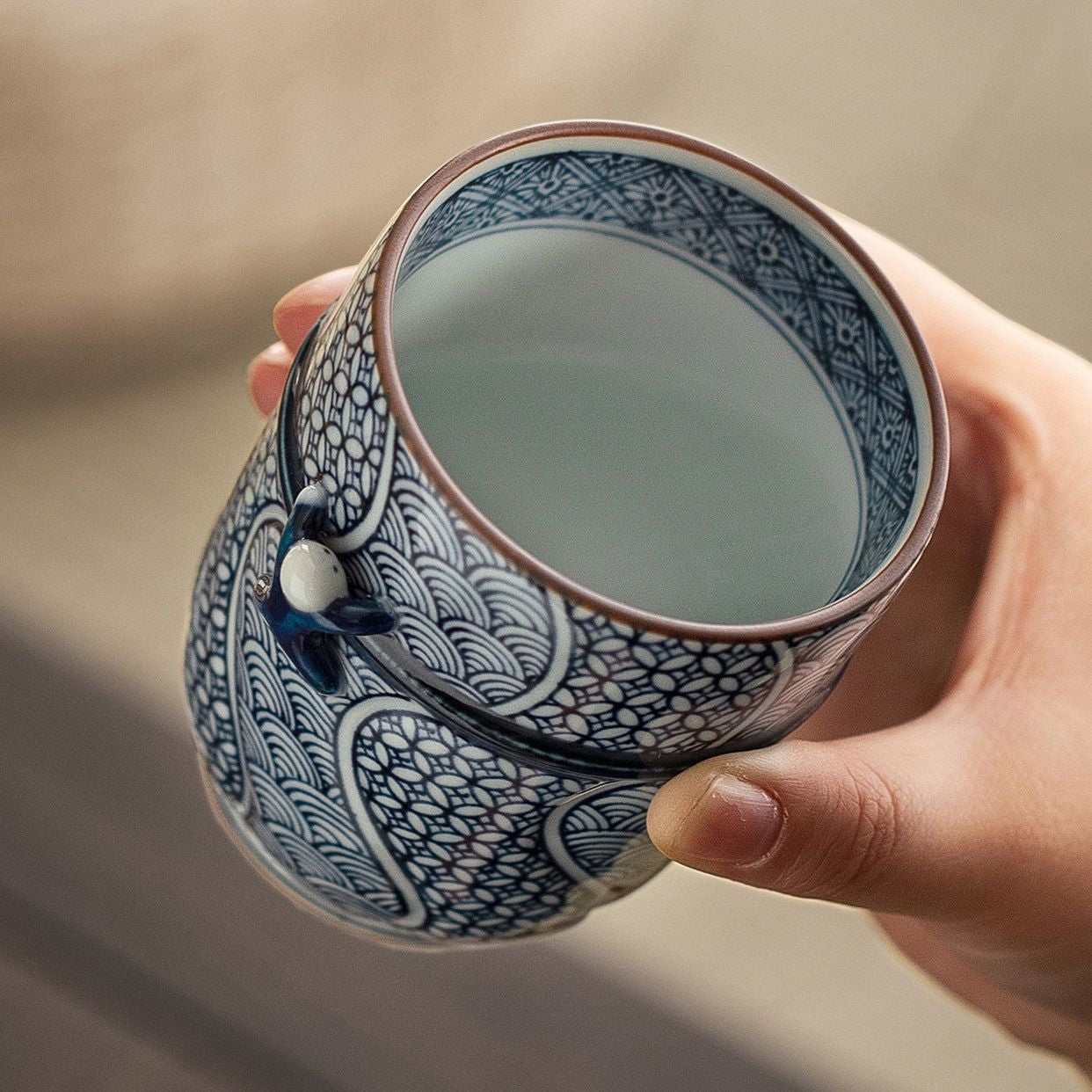 Arita Ware Seigaiha Shippou Lidded Ceramic Teacup