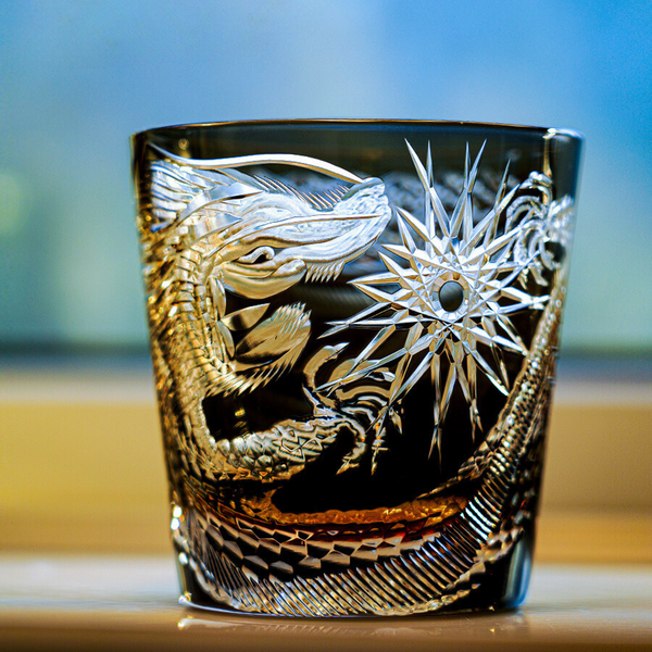 Edo Kiriko Handcrafted Soaring Dragon Whiskey Glass With Wooden Box