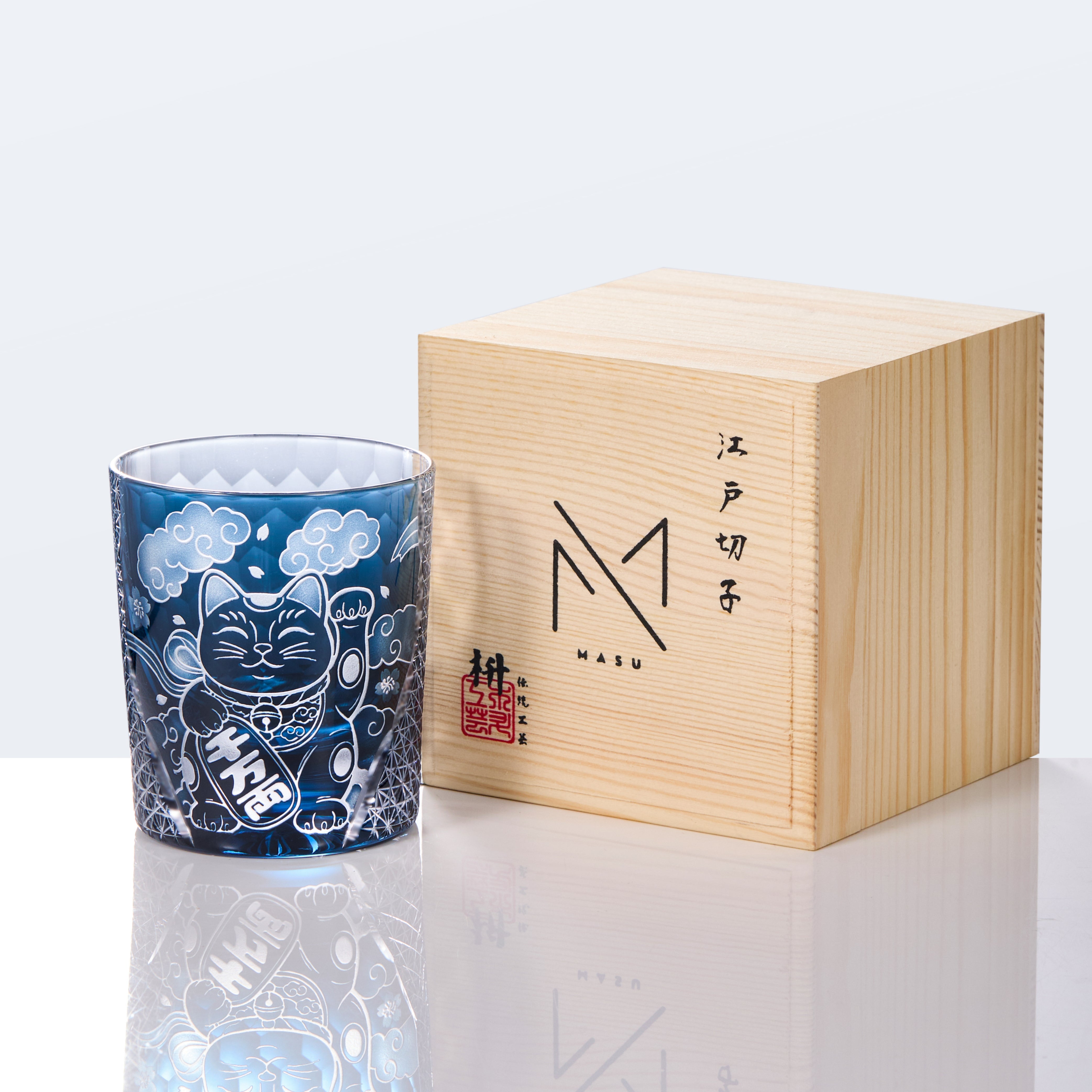 Edo Kiriko Handcrafted Maneki Neko Whisky Glass With Wooden Box