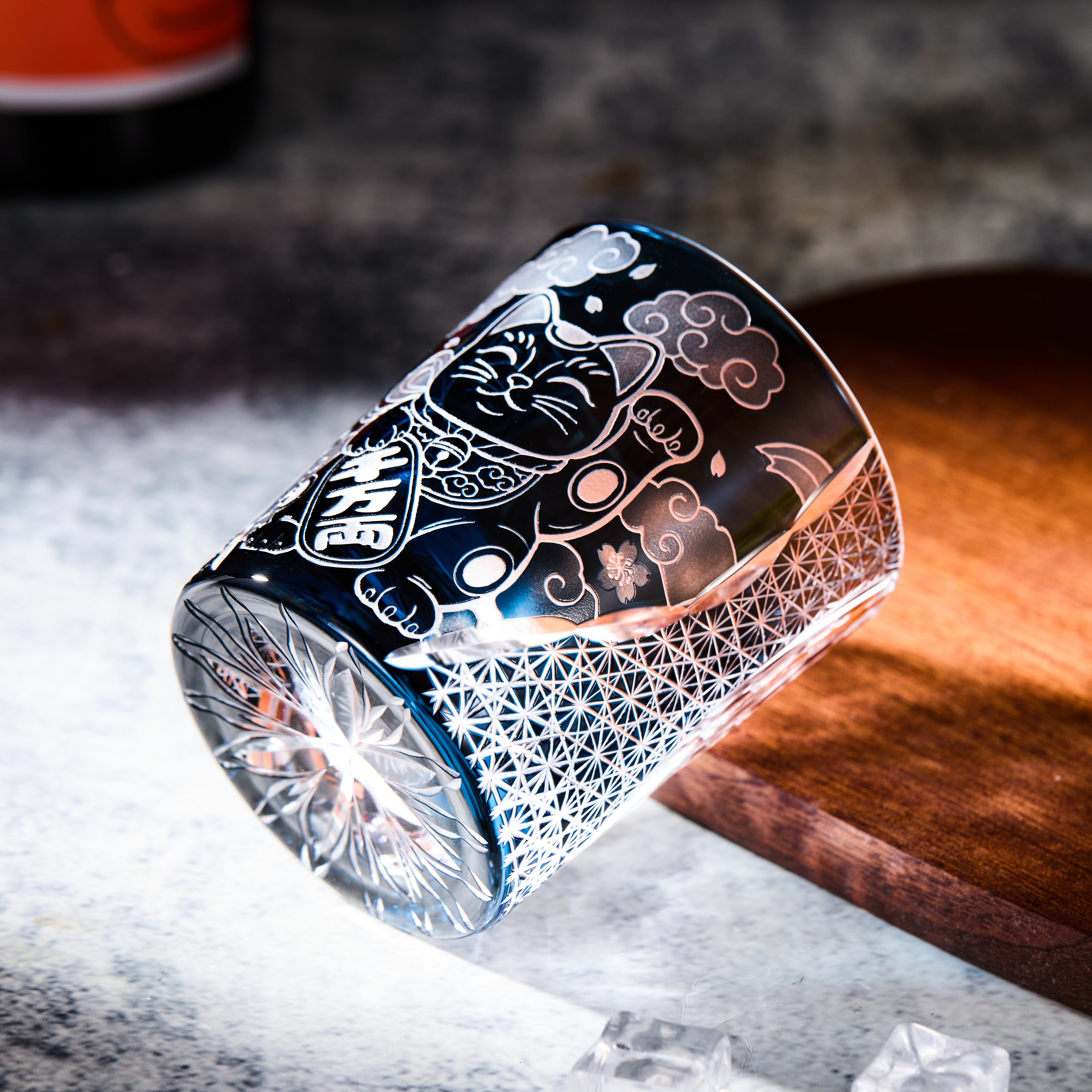 Edo Kiriko Handcrafted Maneki Neko Whisky Glass With Wooden Box