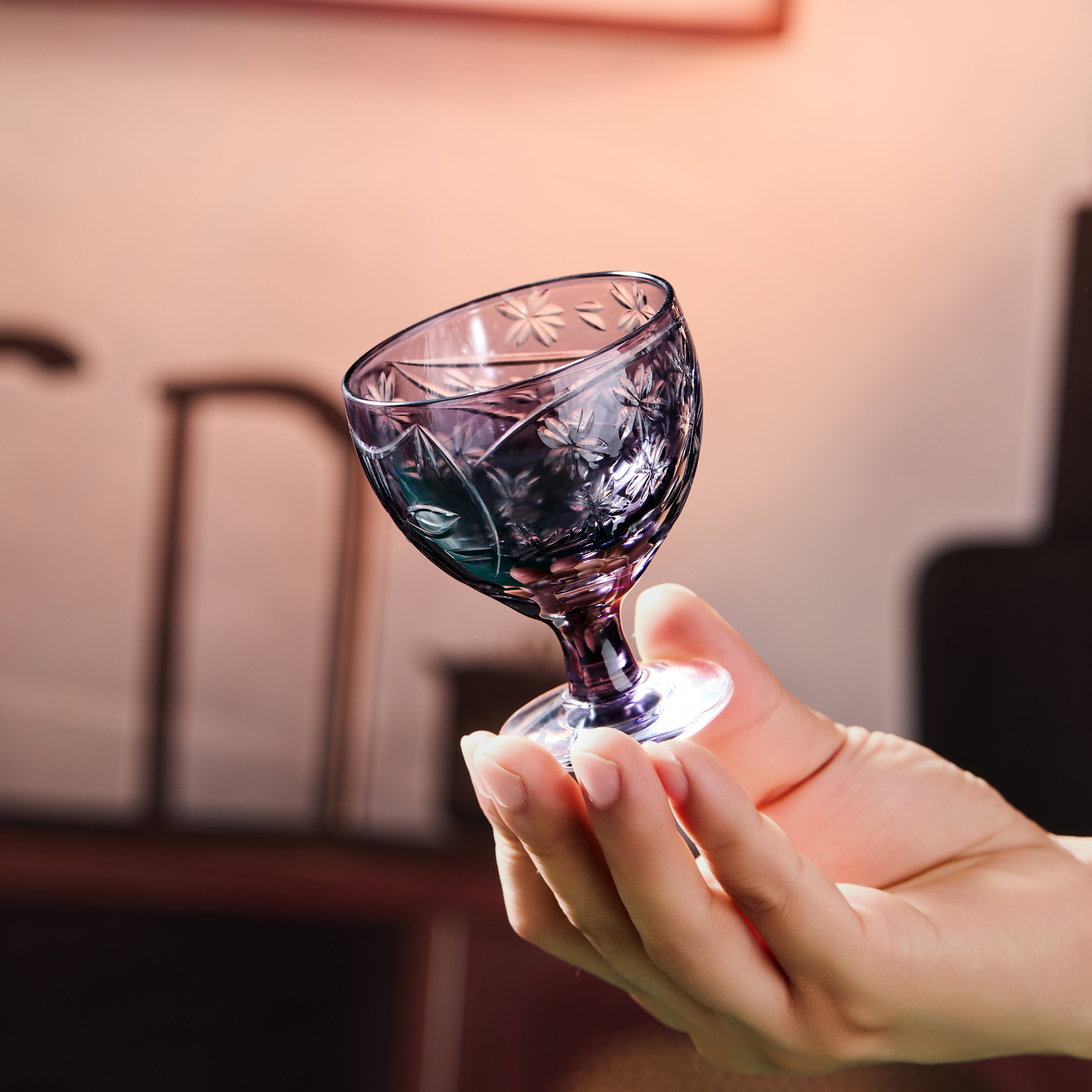 Edo Kiriko Handcrafted Sakura no Kaze Rounded Goblet Glass Collection