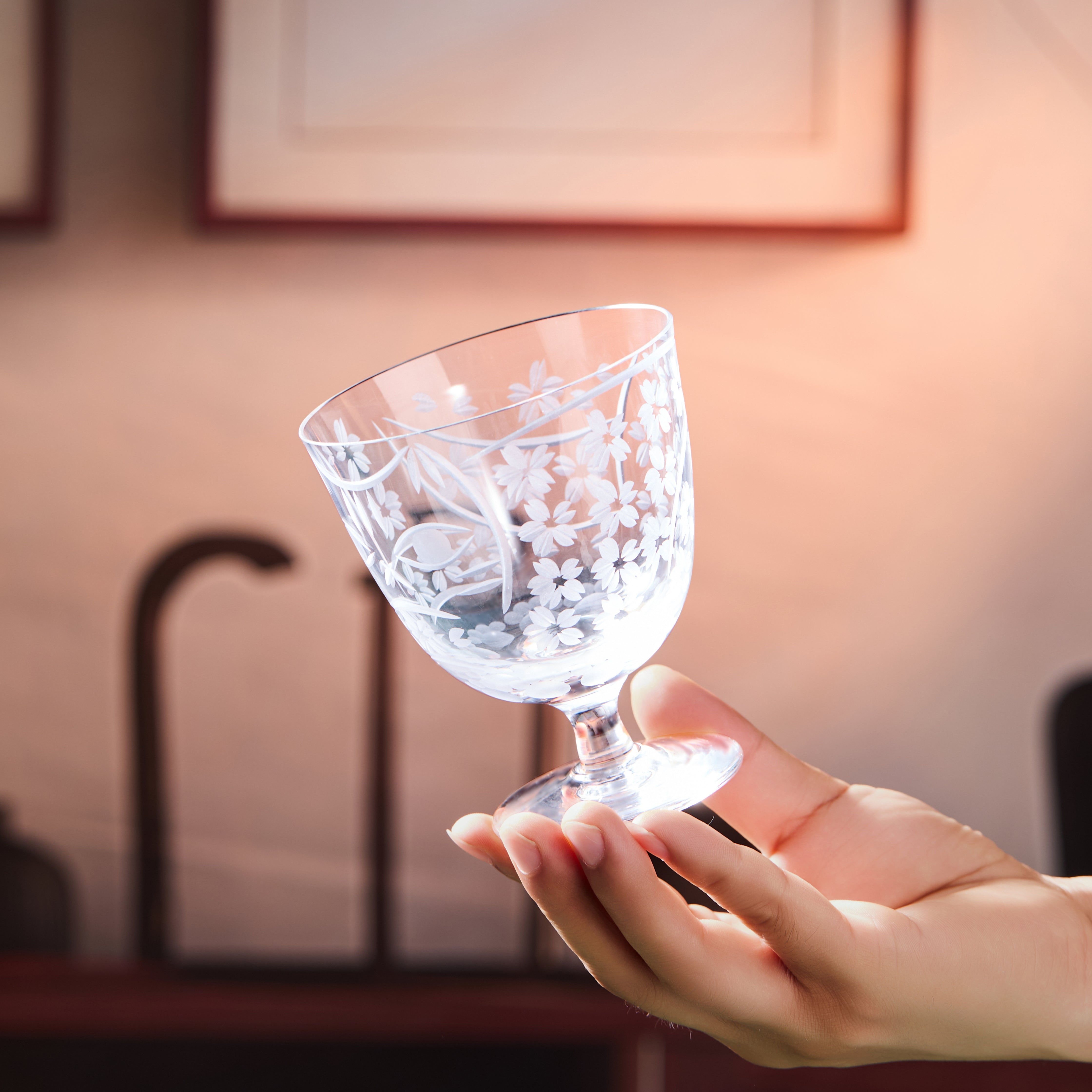 Edo Kiriko Handcrafted Sakura Nami Slim Goblet Glass Collection