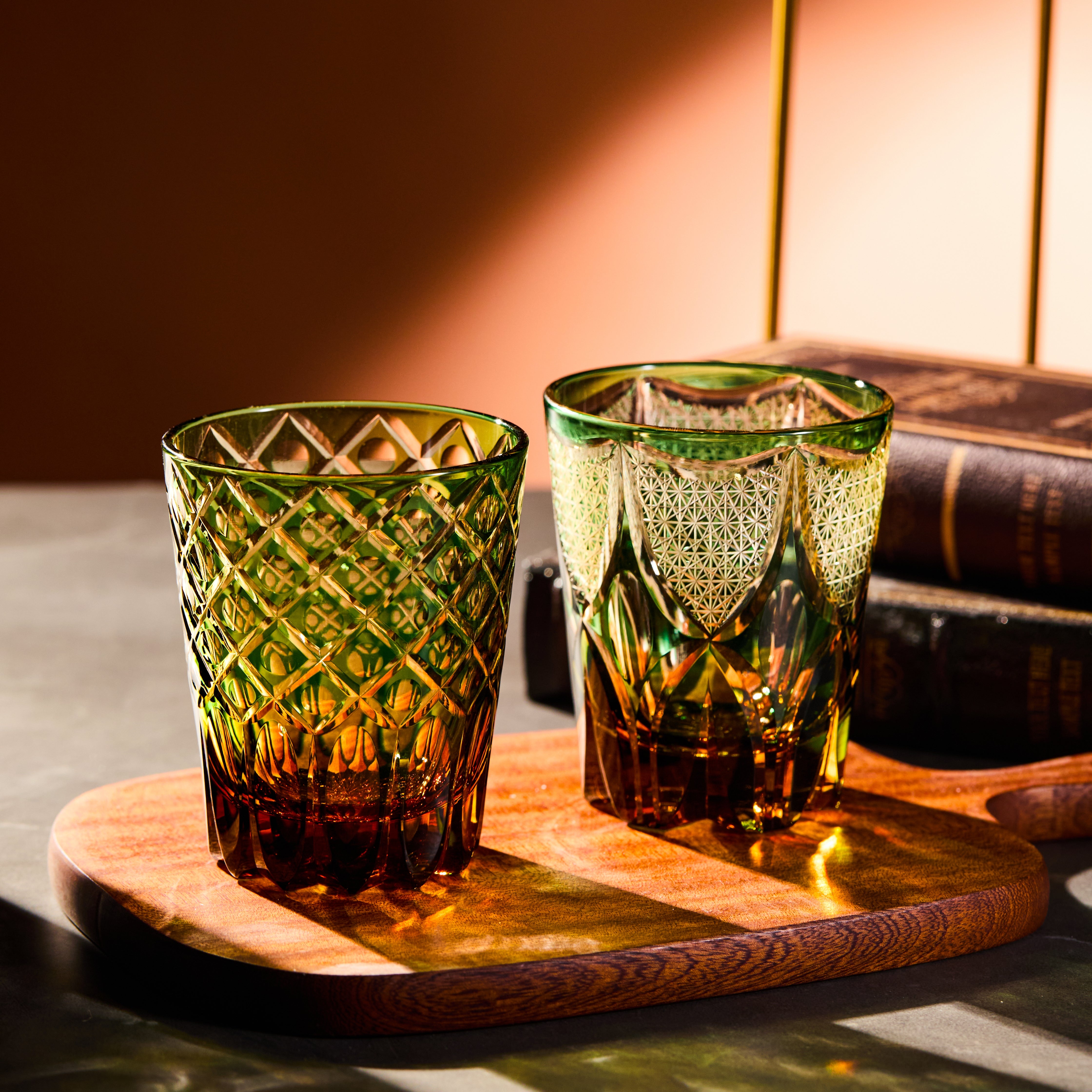Edo Kiriko Handcrafted Ryokusho Yugure Whisky Glass Collection