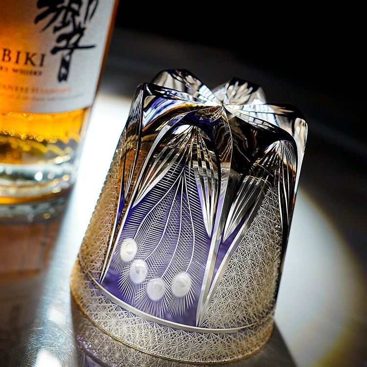 Edo Kiriko Handcrafted Violet Peacock Whisky Glass With Wooden Box