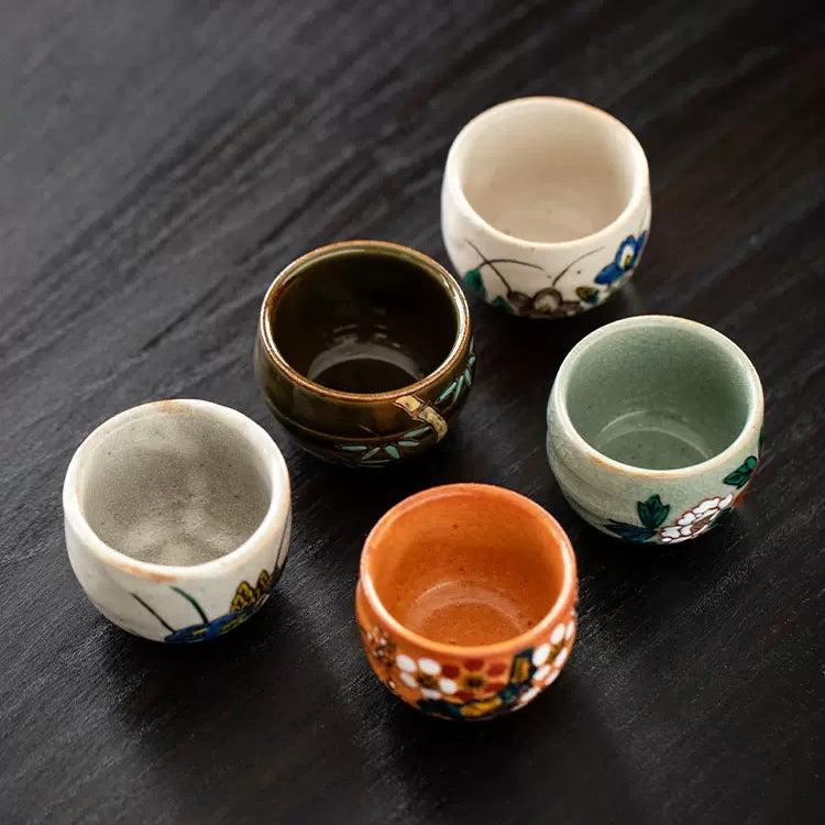 Kutaniyaki Handcrafted Goh-Souka Tea Cup Set of Five with Wooden Box