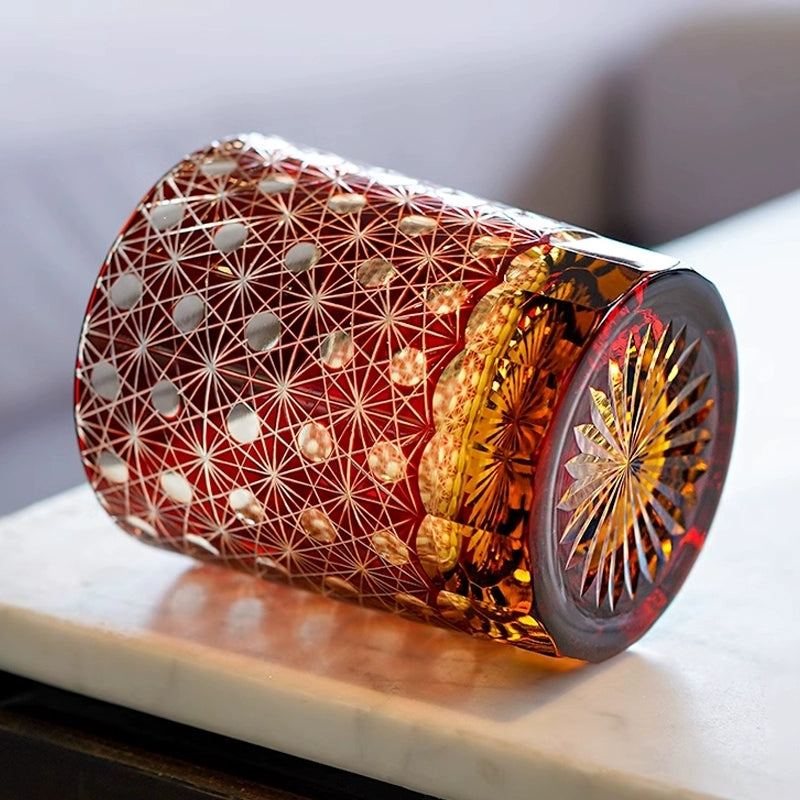 Edo Kiriko Handcrafted Amber Star Chrysanthemum Whisky Glasses With Wooden Box