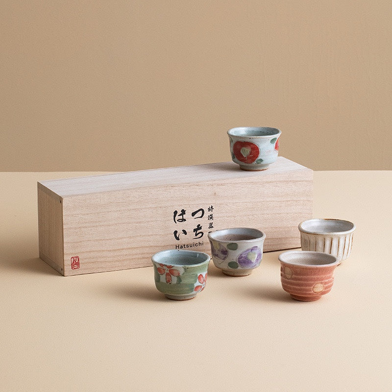 Hatsuichi Mino Ware Handcrafted Haru-no-Sato Ceramic Tea Cups Set Of Five
