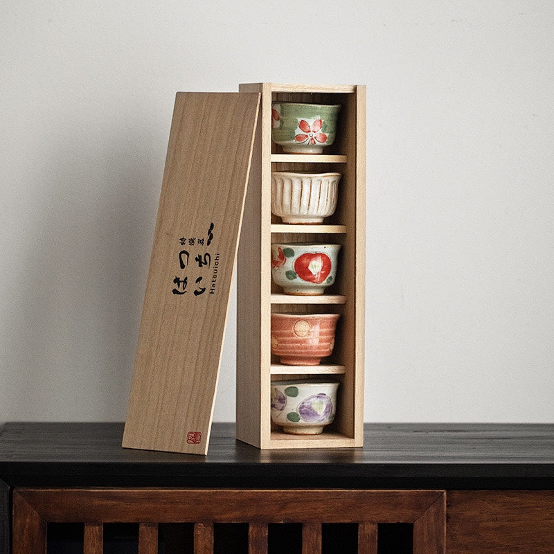 Hatsuichi Mino Ware Handcrafted Haru-no-Sato Ceramic Tea Cups Set Of Five