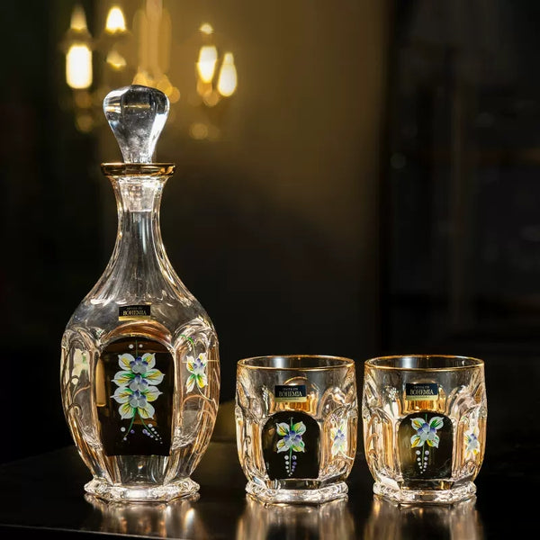 Bohemia Gold Enamel Whiskey Glasses Decanter Gift Set