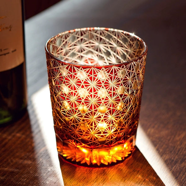 Edo Kiriko Handcrafted Amber Star Chrysanthemum Whiskey Glasses With Wooden Box