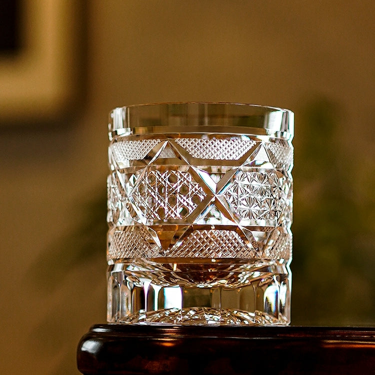 Edo Kiriko Handcrafted Hexagonal Chrysanthemum Whiskey Glass With Wooden Box