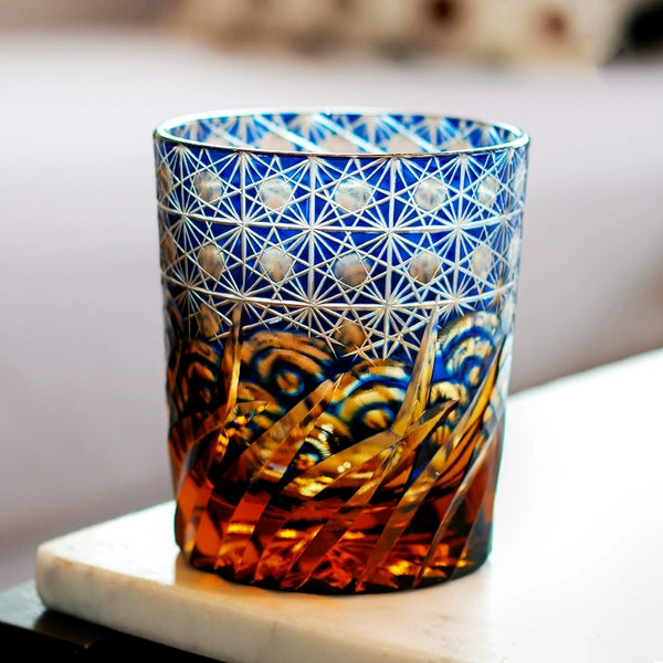 Edo Kiriko Handcrafted Blue Amber Whiskey Glass With Wooden Box - MASU