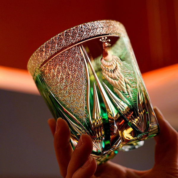 Edo Kiriko Handcrafted Emerald Peacock Whiskey Glass With Wooden Box