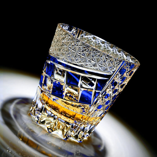 Edo Kiriko Handcrafted Sapphire Motif Whiskey Glass With Wooden Box