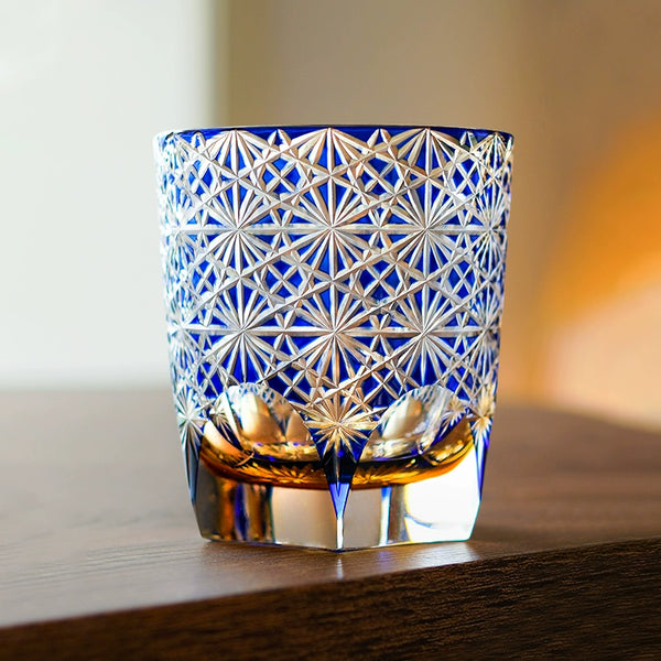 Edo Kiriko Handcrafted Blue Amber Whiskey Glass With Wooden Box - MASU