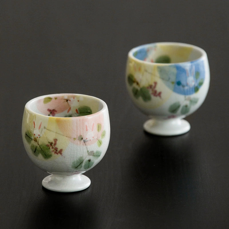 Seto Ware Yama no Hana Usagi Handcrafted Sake Couple Cup Set