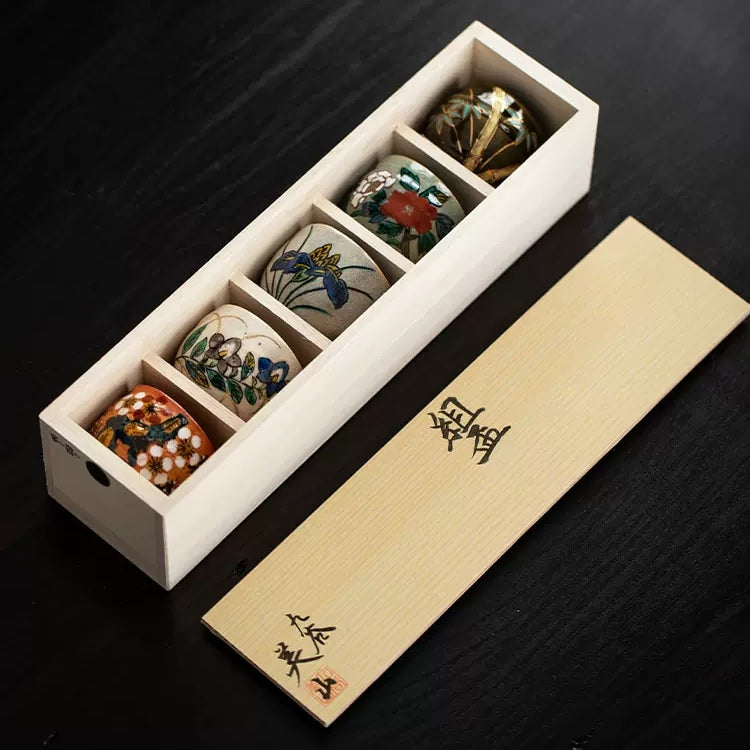 Kutaniyaki Handcrafted Goh-Souka Tea Cup Set of Five with Wooden Box