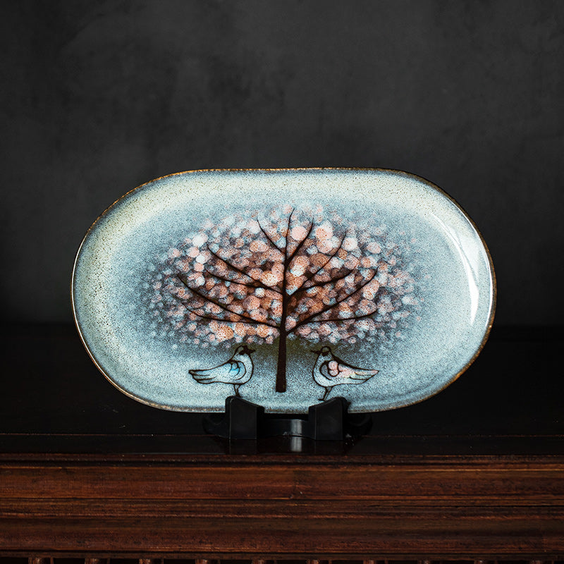 Nunobiki Ware Handcrafted Twin Sparrow Oval Platter