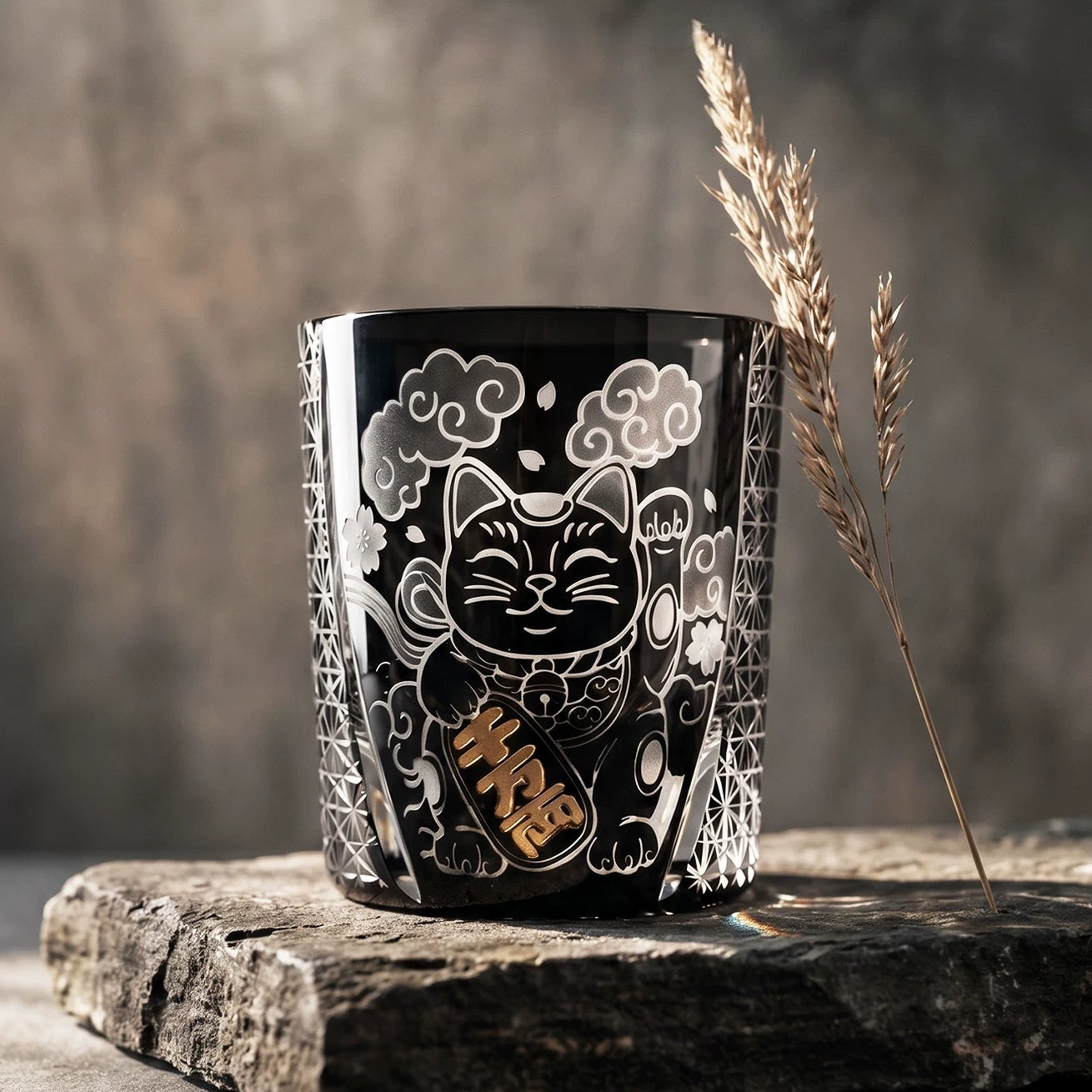 Edo Kiriko Handcrafted Kuro Kin Maneki Neko Whisky Glass With Wooden Box