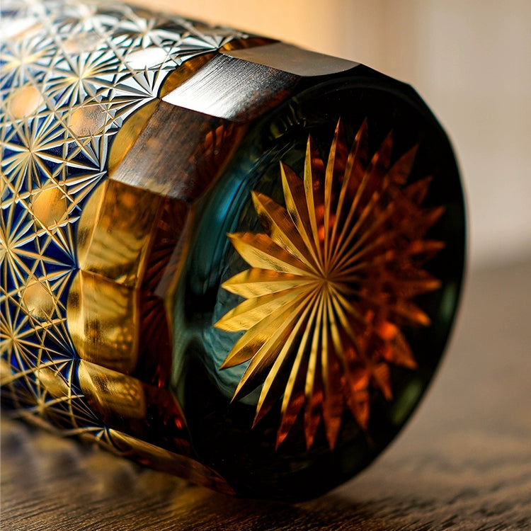 Edo Kiriko Handcrafted Amber Star Chrysanthemum Whisky Glasses With Wooden Box