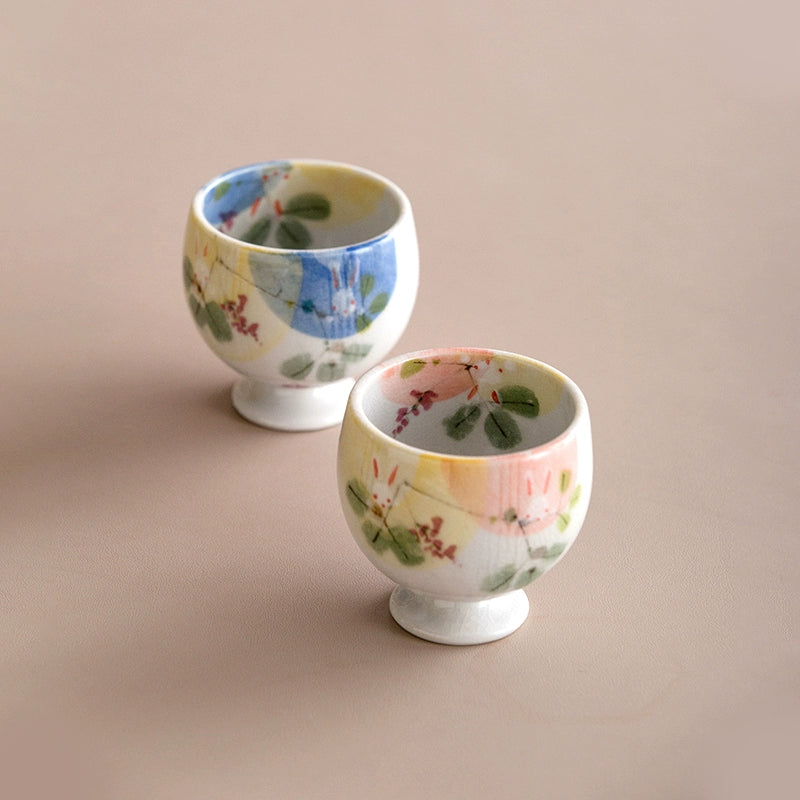 Seto Ware Yama no Hana Usagi Handcrafted Sake Couple Cup Set