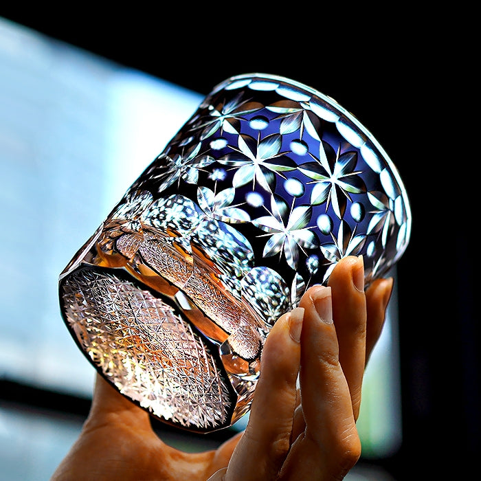 Edo Kiriko Handcrafted Sakura Snow Whisky Glass With Wooden Box