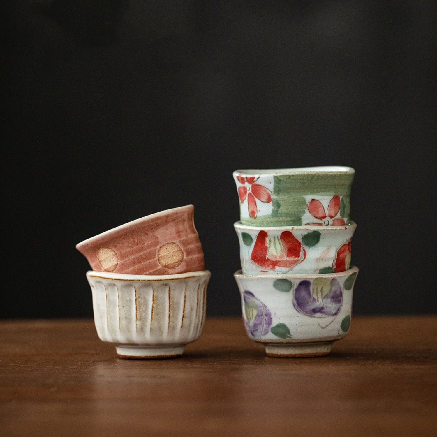 Hatsuichi Mino Ware Handcrafted Haru-no-Sato Ceramic Tea Cups Set Of Five