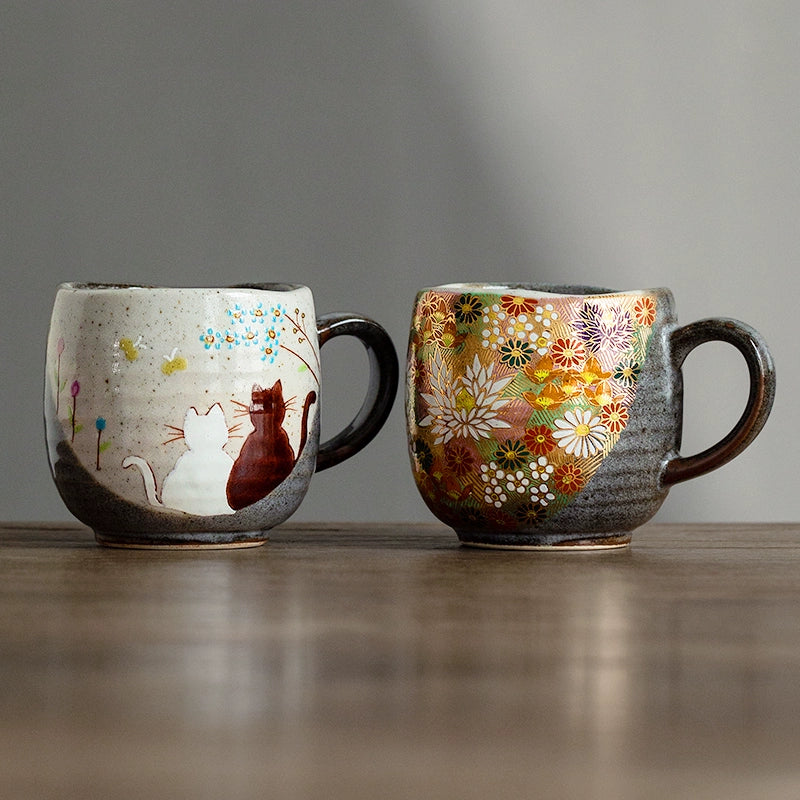 Kutaniyaki Handcrafted Hana Kinpaku & Neko no Yoru Ceramic Mug Collection
