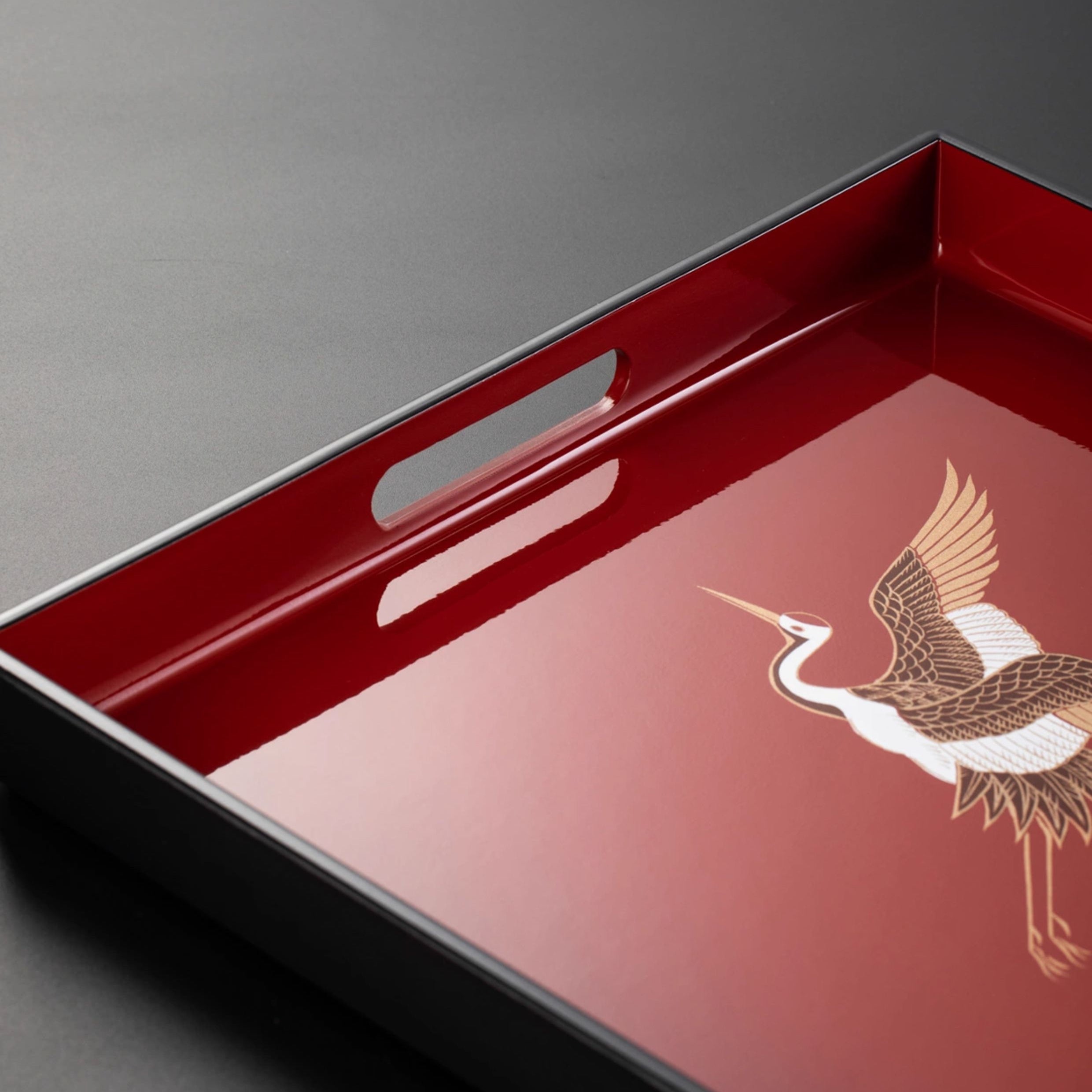 Yamanaka Shikki Handcrafted Gold Foil Crimson Crane Lacquer Tray