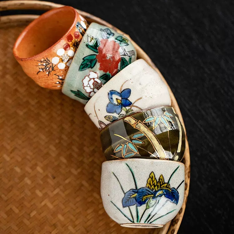 Kutaniyaki Handcrafted Goh-Souka Tea Cup Set of Five with Wooden Box