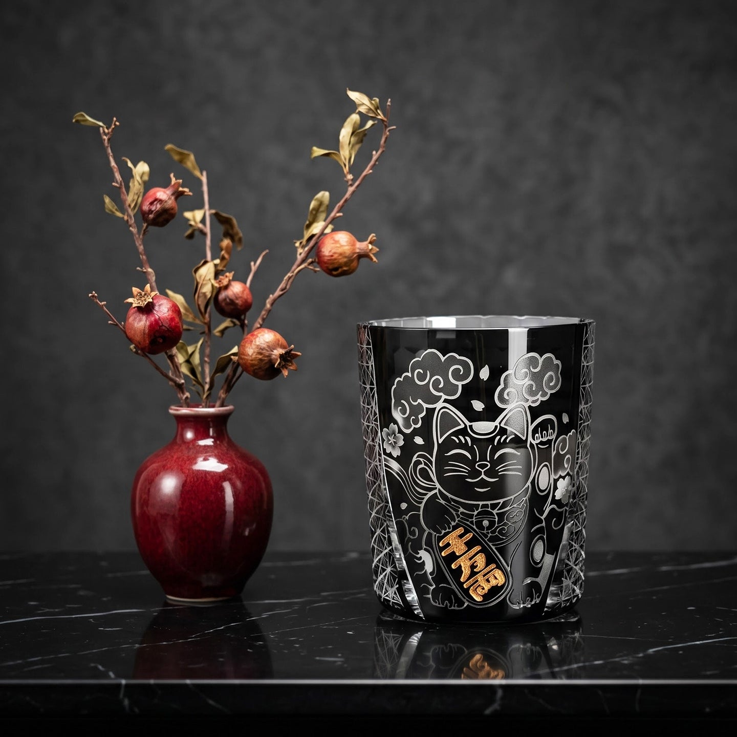 Edo Kiriko Handcrafted Kuro Kin Maneki Neko Whisky Glass With Wooden Box