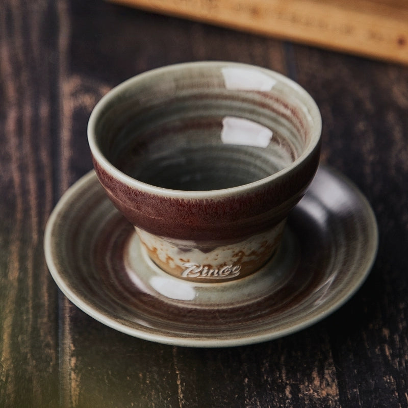 Handcrafted Glazed Ceramic Cone Shape Coffee Cup/Saucer Set