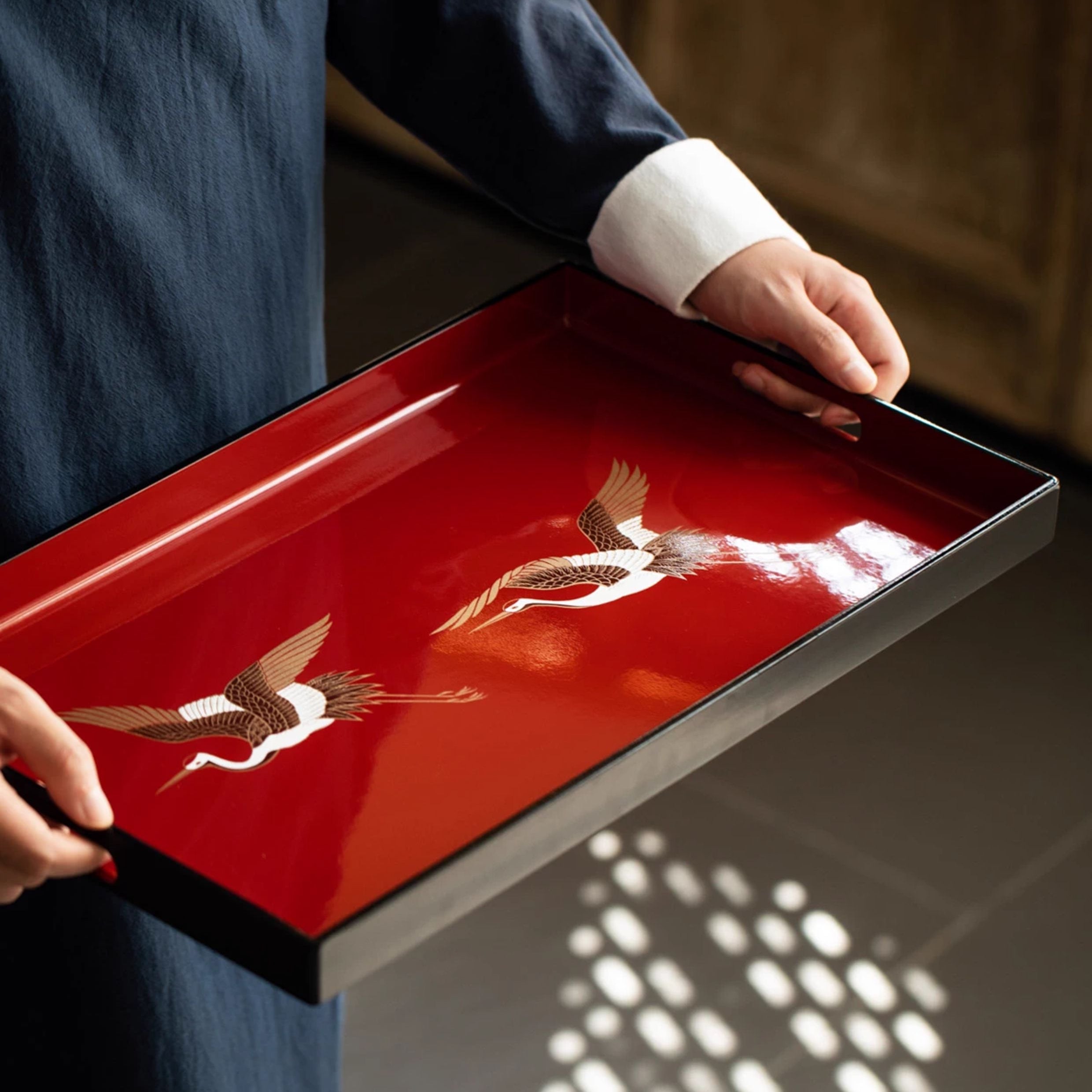 Yamanaka Shikki Handcrafted Gold Foil Crimson Crane Lacquer Tray