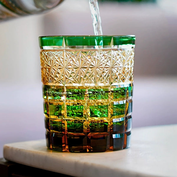 Edo Kiriko Handcrafted Diamond Amber Whiskey Glass With Wooden Box - MASU