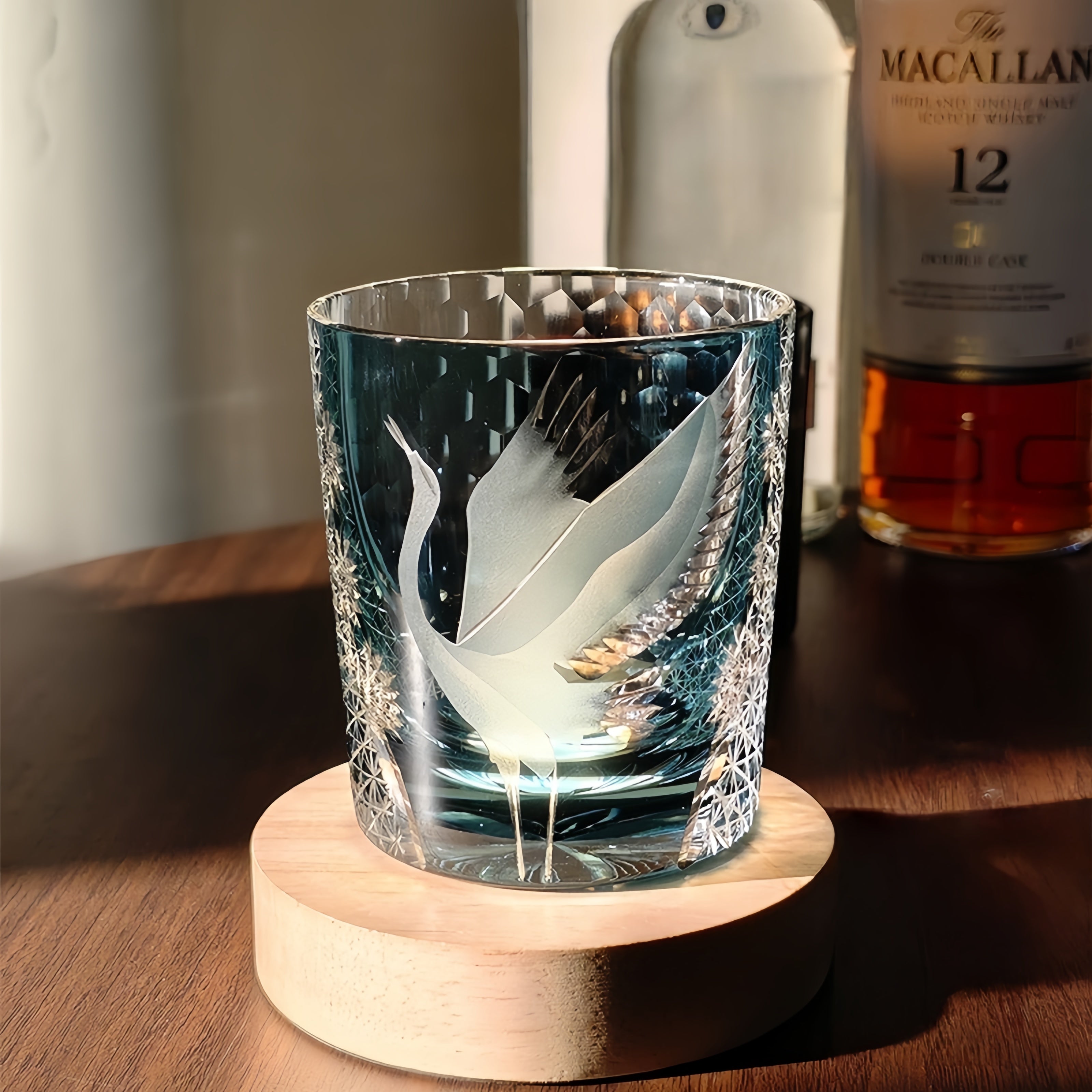 Edo Kiriko Handcrafted Soaring Crane Whisky Glass With Wooden Box