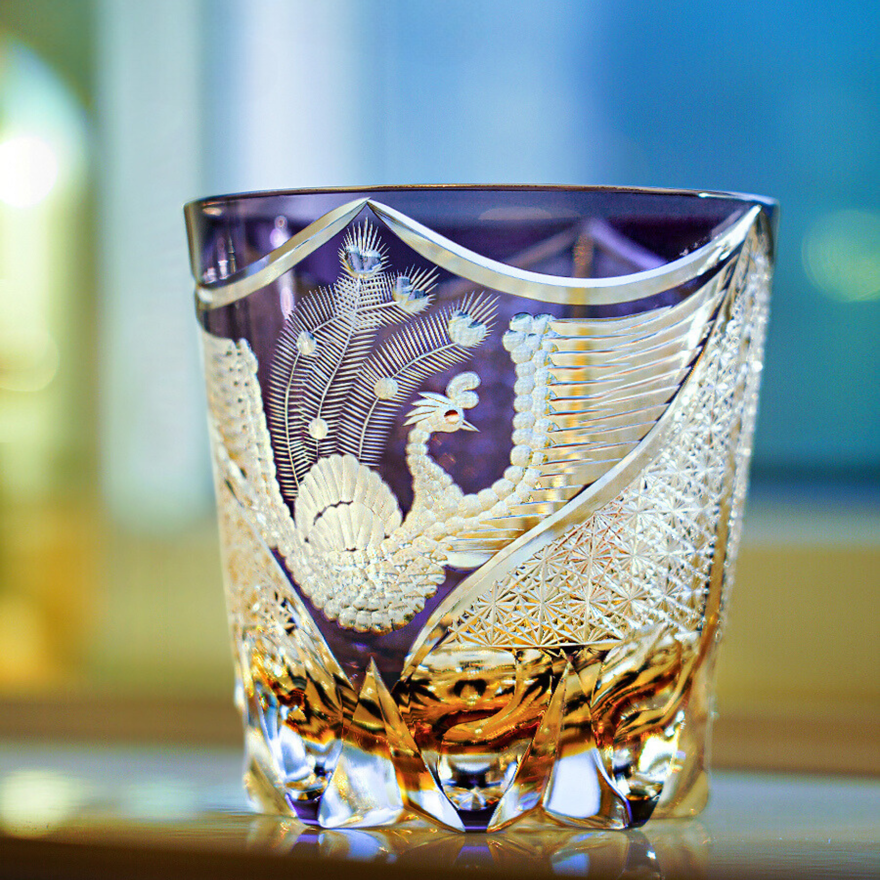 Edo Kiriko Handcrafted Dancing Phoenix Whisky Glass With Wooden