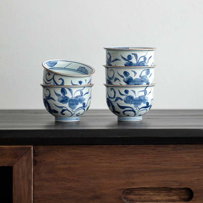 Hasami Ware Handcrafted Aizome Kusa-Hana Tea Cup Set of Five