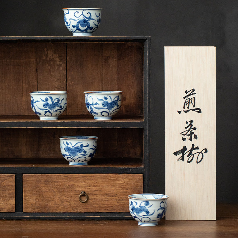 Hasami Ware Handcrafted Aizome Kusa-Hana Tea Cup Set of Five