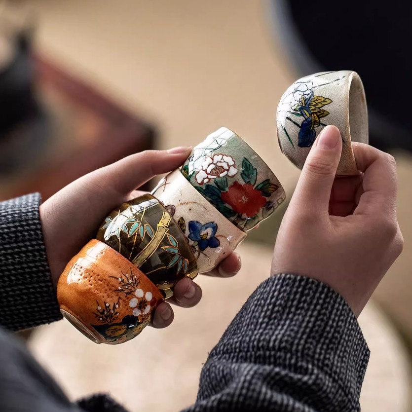 Kutaniyaki Handcrafted Goh-Souka Tea Cup Set of Five with Wooden Box