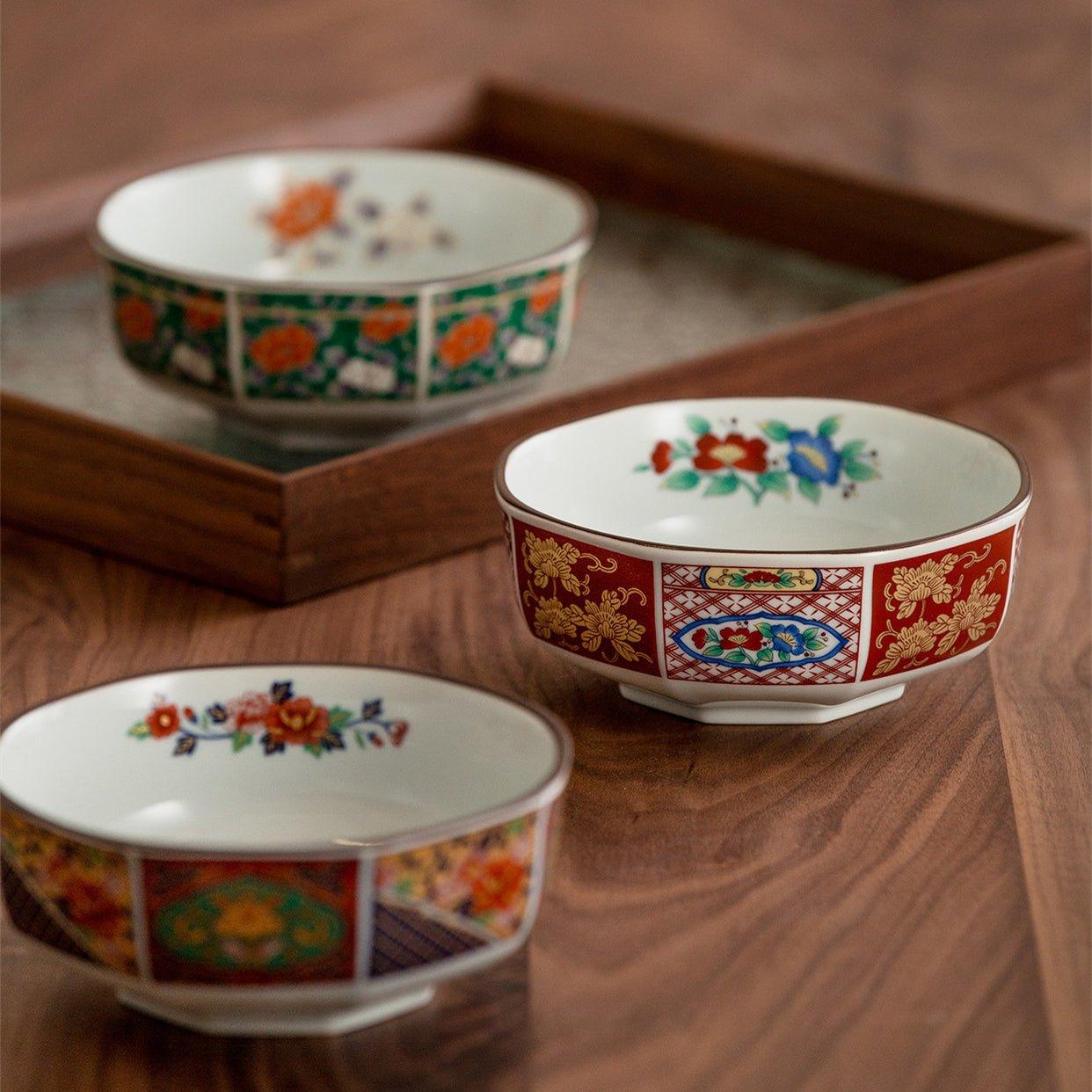 Japanese Mino Ware Court Dyed Brocade Octagonal Bowls Set - MASU