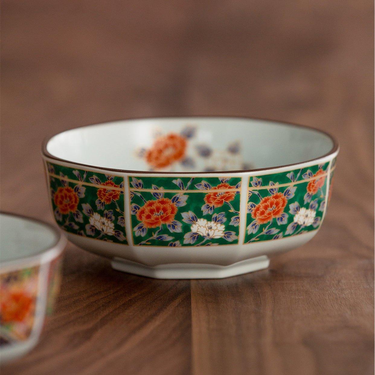 Japanese Mino Ware Court Dyed Brocade Octagonal Bowls Set - MASU