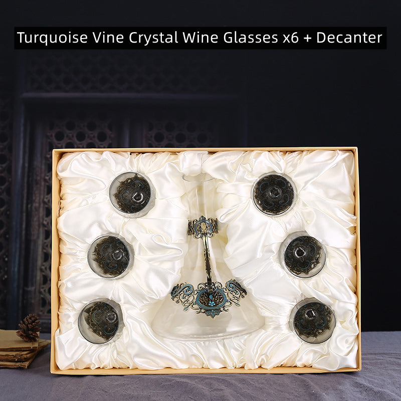 Turquoise Vine Crystal Wine Glasses with Decanter Suitcase Set - MASU