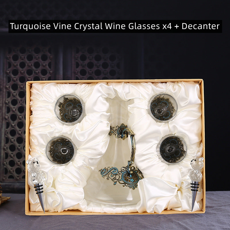 Turquoise Vine Crystal Wine Glasses with Decanter Suitcase Set - MASU